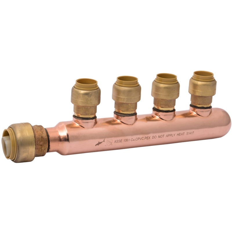 SharkBite 3/4 Inch x 1/2 Inch Outlet 4 Port Closed Multi-Port Tee, Push to Connect Brass Plumbing Fittings, PEX Pipe, Copper, PVC, 25555LF - Image 1